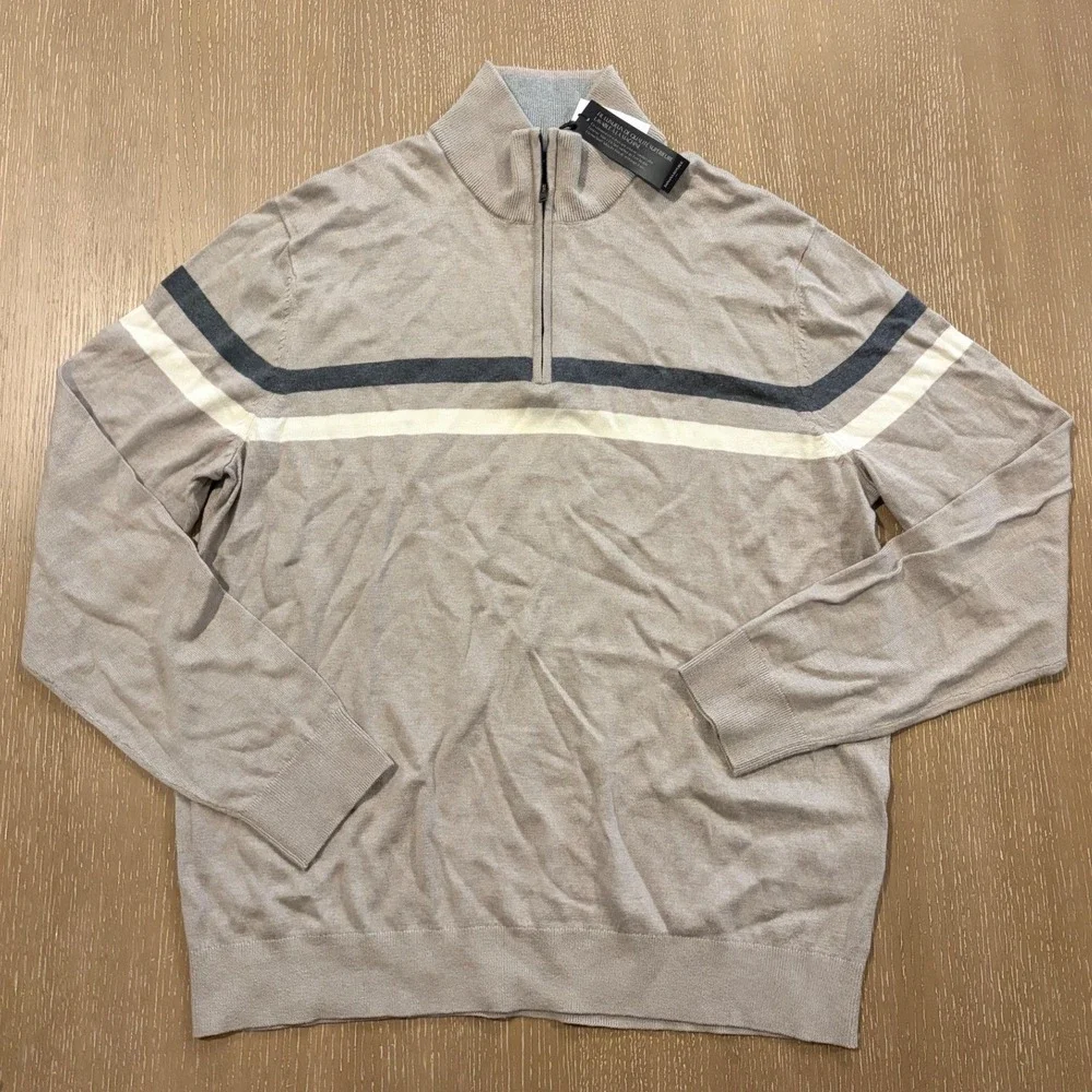 Banana Republic Mens XL Silk Cashmere Cotton Quarter Zip‎ Striped Sweater Tan